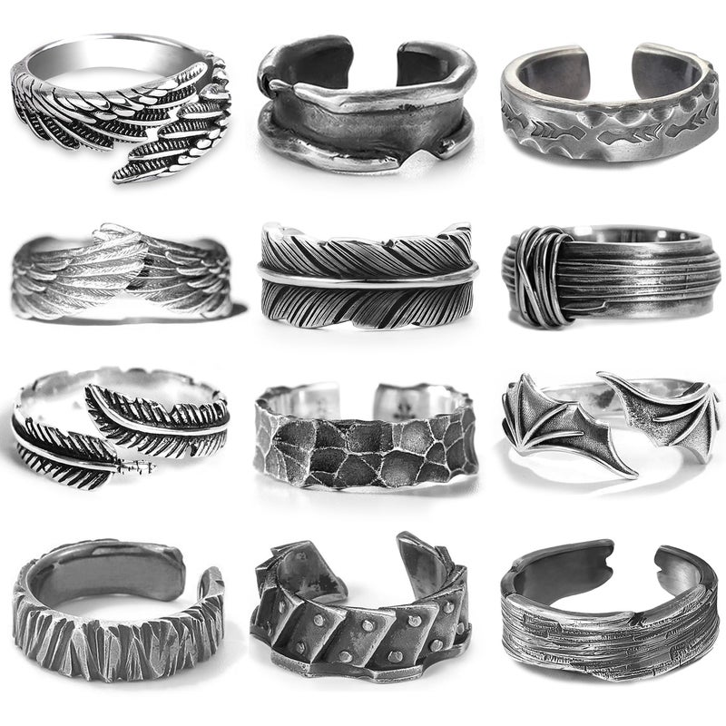 RIOSO 12Pcs Vintage Rings for Men Cool Adjustable Angel Wings Ring Goth Punk Open Ring Set - Image 1